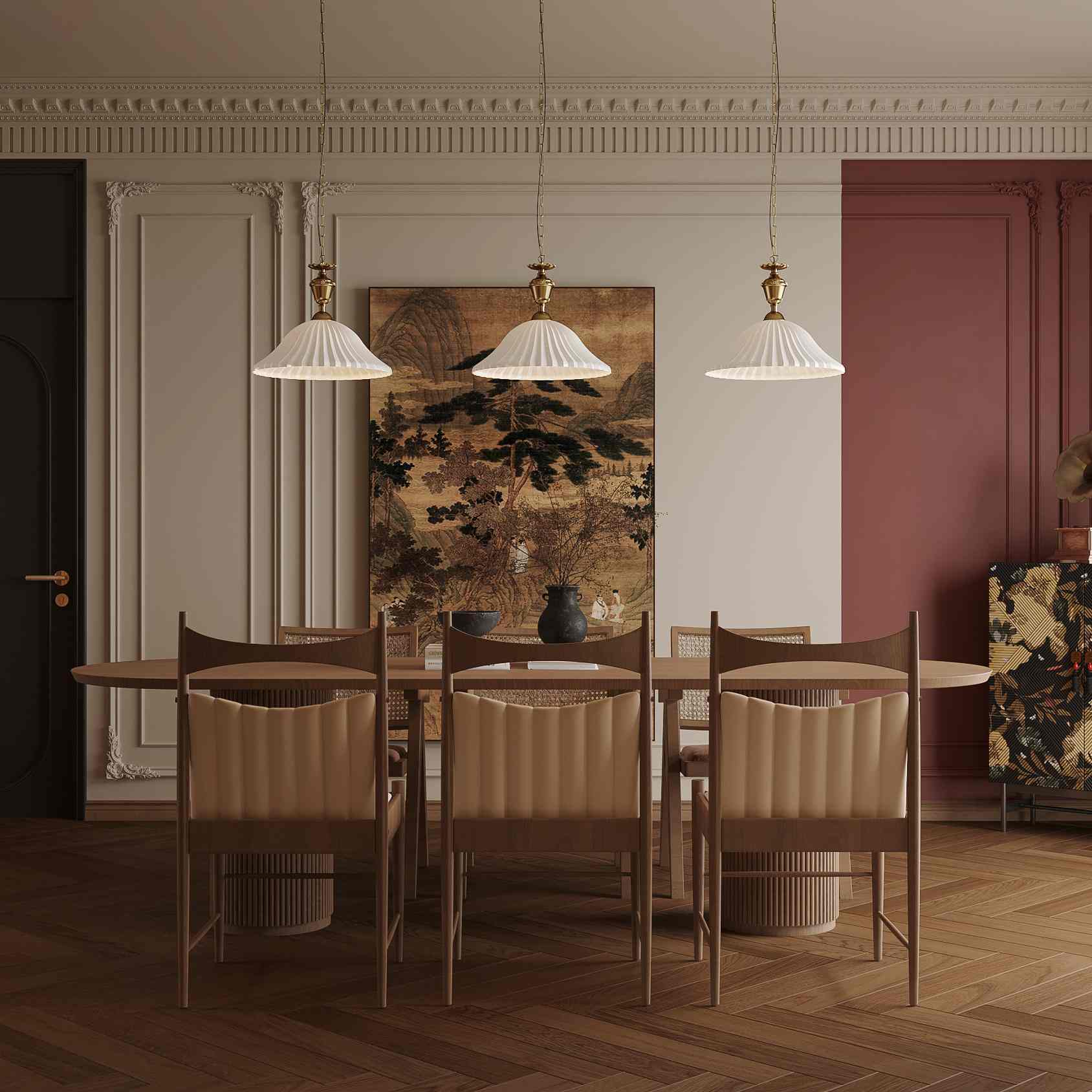 Cozy vintage restaurant with warm ambient lighting, wooden tables and chairs, and minimalist vases adding a touch of elegance(1)