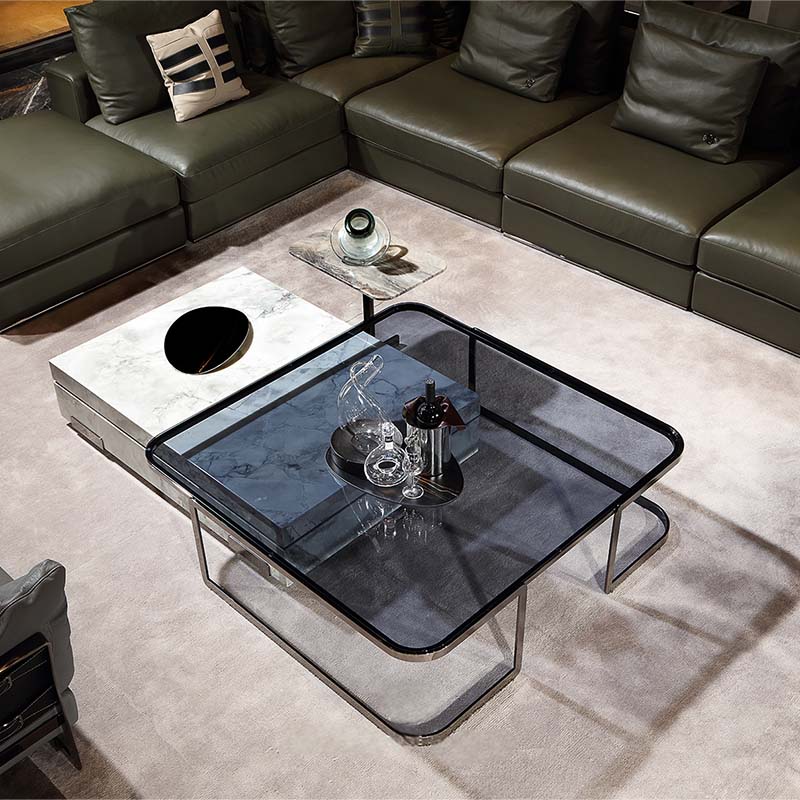 Italian luxury smoked glass coffee table with sleek metal frame
