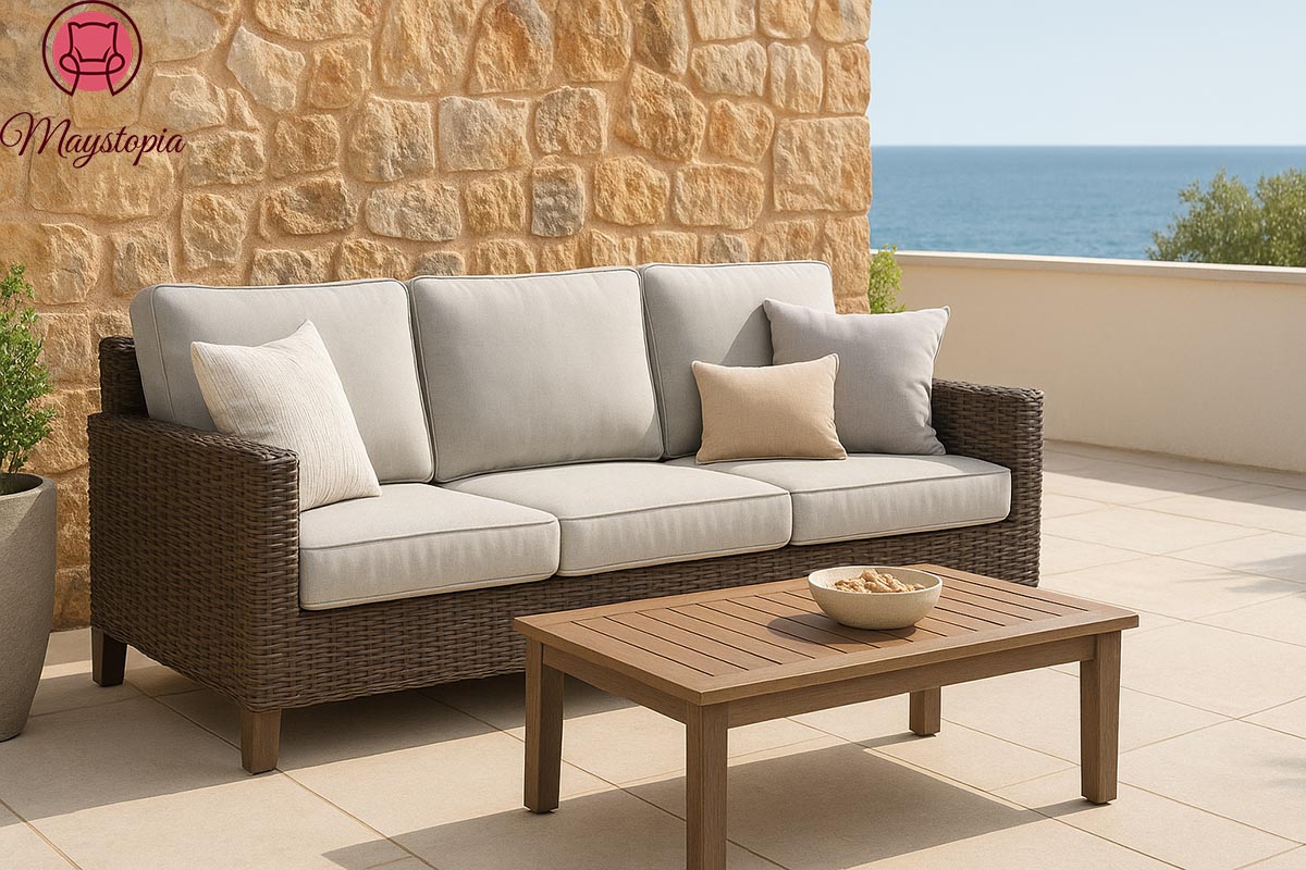 Stylish outdoor patio sofa with grey cushions and a dark wicker frame, paired with a wooden coffee table, set against a stone wall with an ocean view in the background.