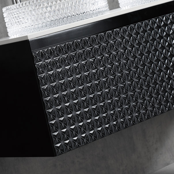 Floating vanity unit with textured black cabinet and vessel sinks