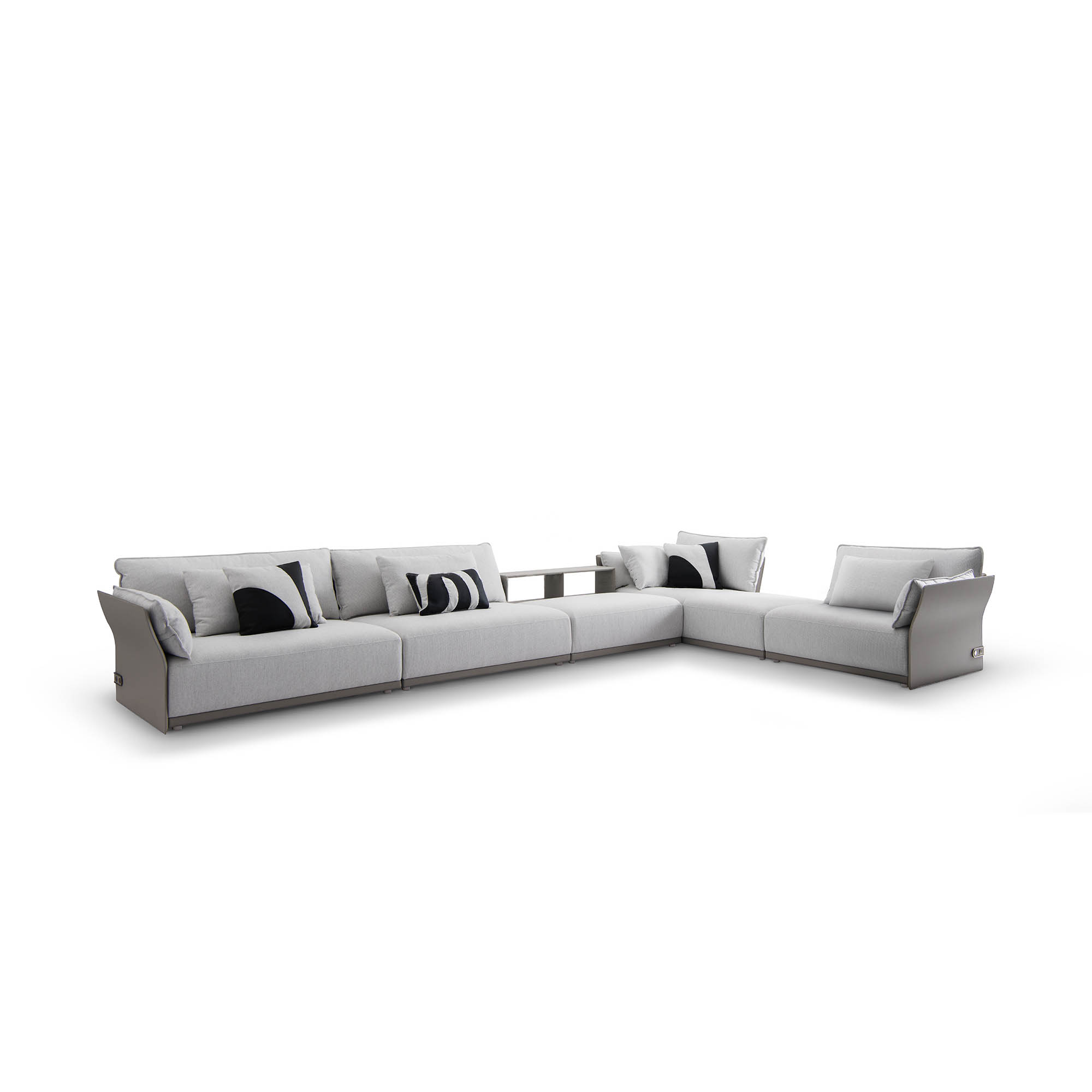 Scena del soggiorno residenziale di fascia alta con lussuoso divano e cuscini sezionali