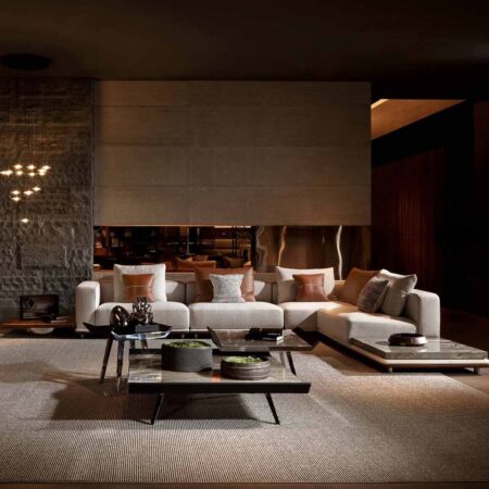 Modern Luxury Italian Sectional Sofa with Built-in Solid Wood & Sintered Stone Side Tables for Display | Living Room Show Room Furniture