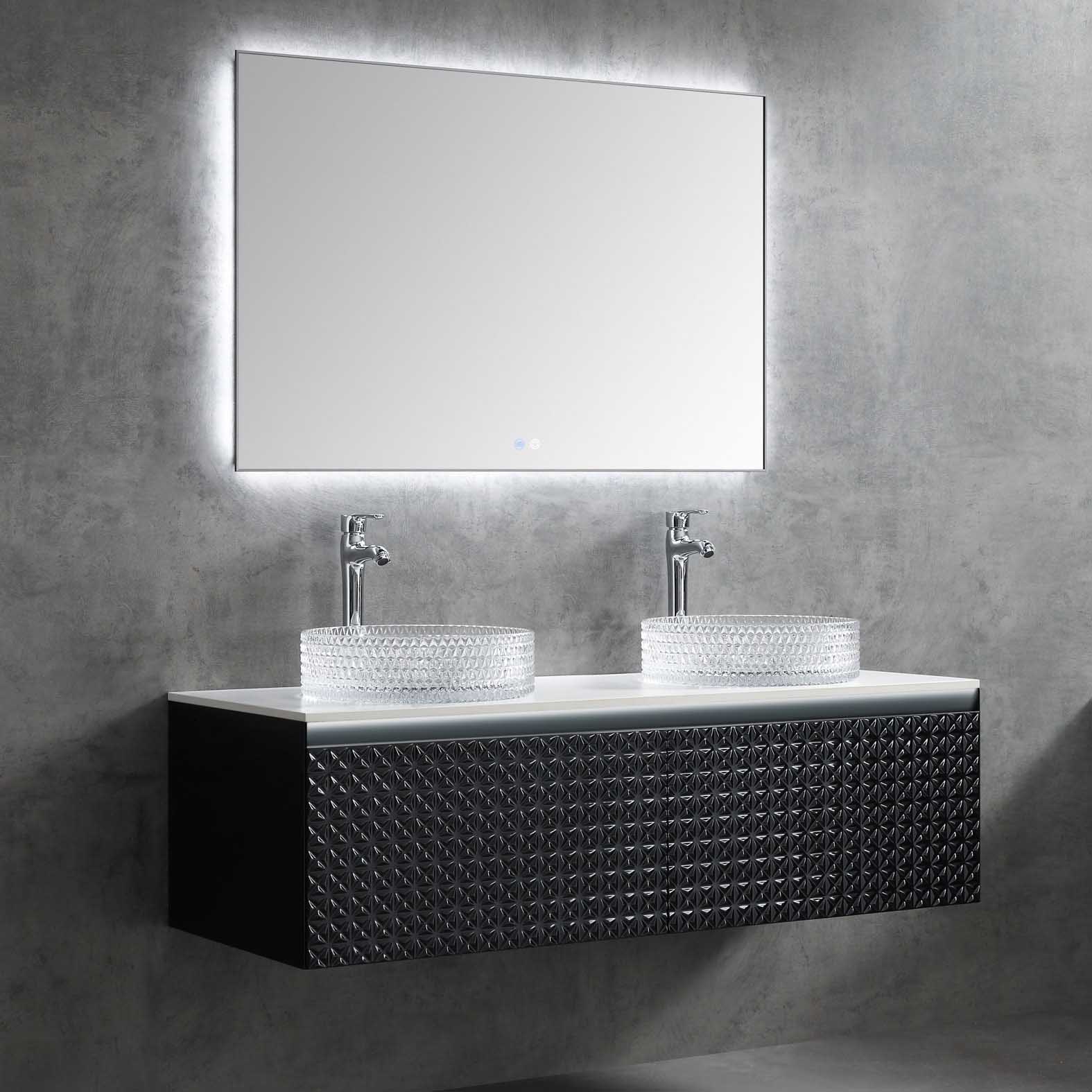 Modern black double bathroom vanity with crystal vessel sinks
