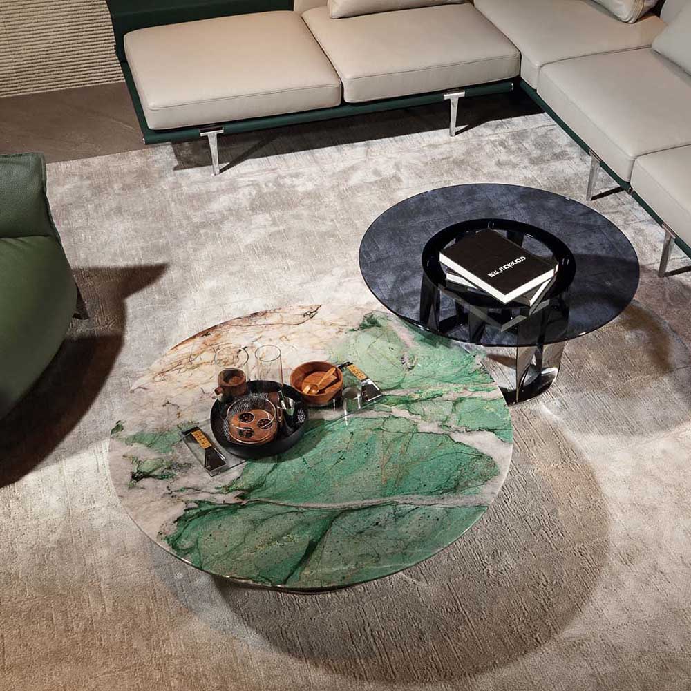 Round emerald green marble coffee table in modern luxury living room