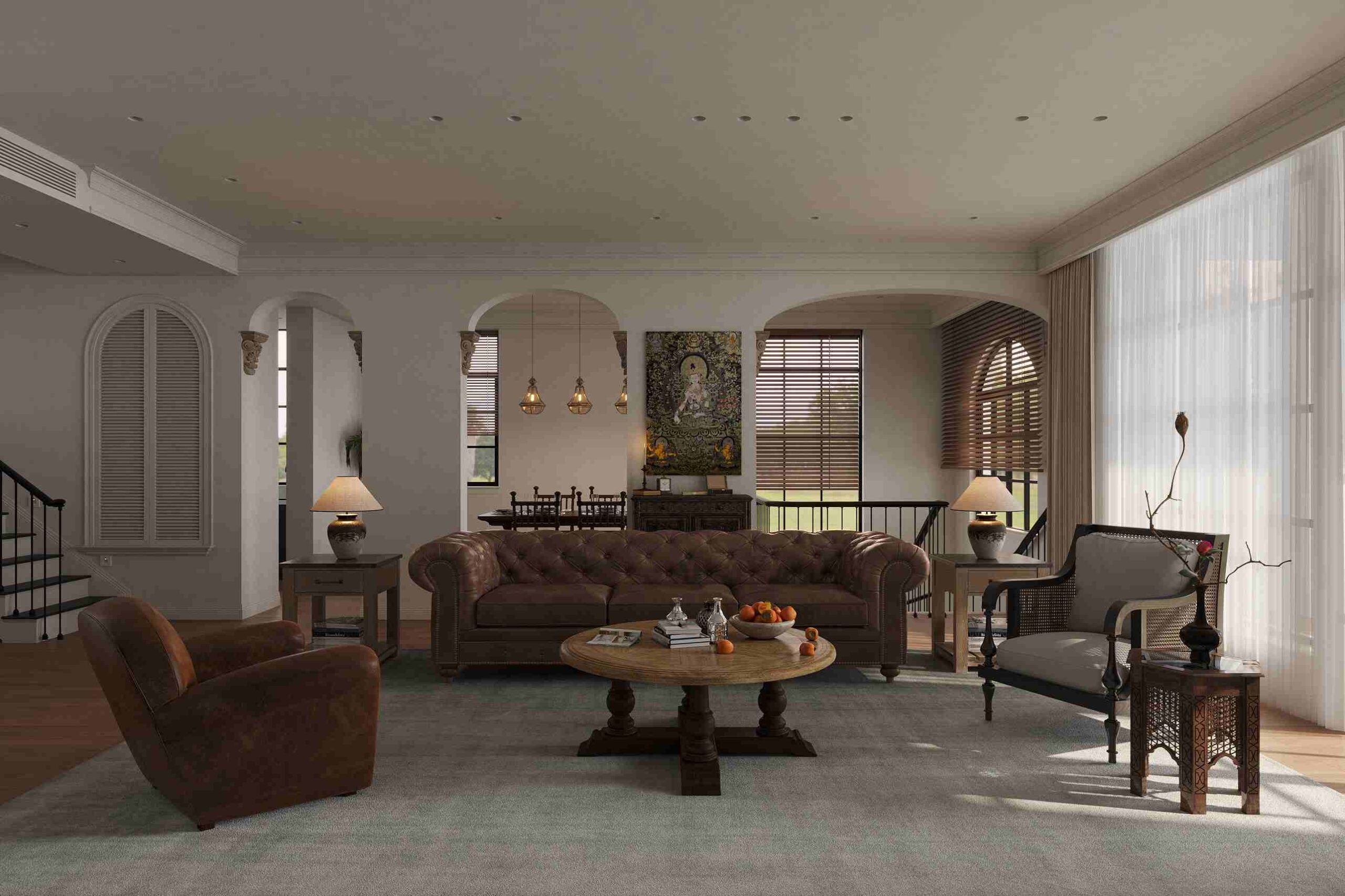 Vintage French-style living room with classic sofas, matching armchairs, and elegant decor accents(1)