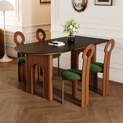 Detail of classic dining table leg in arched silhouette and white ash finish with solid travertine stone inset