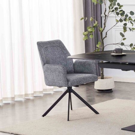 Fabric dining chair with armrests in grey