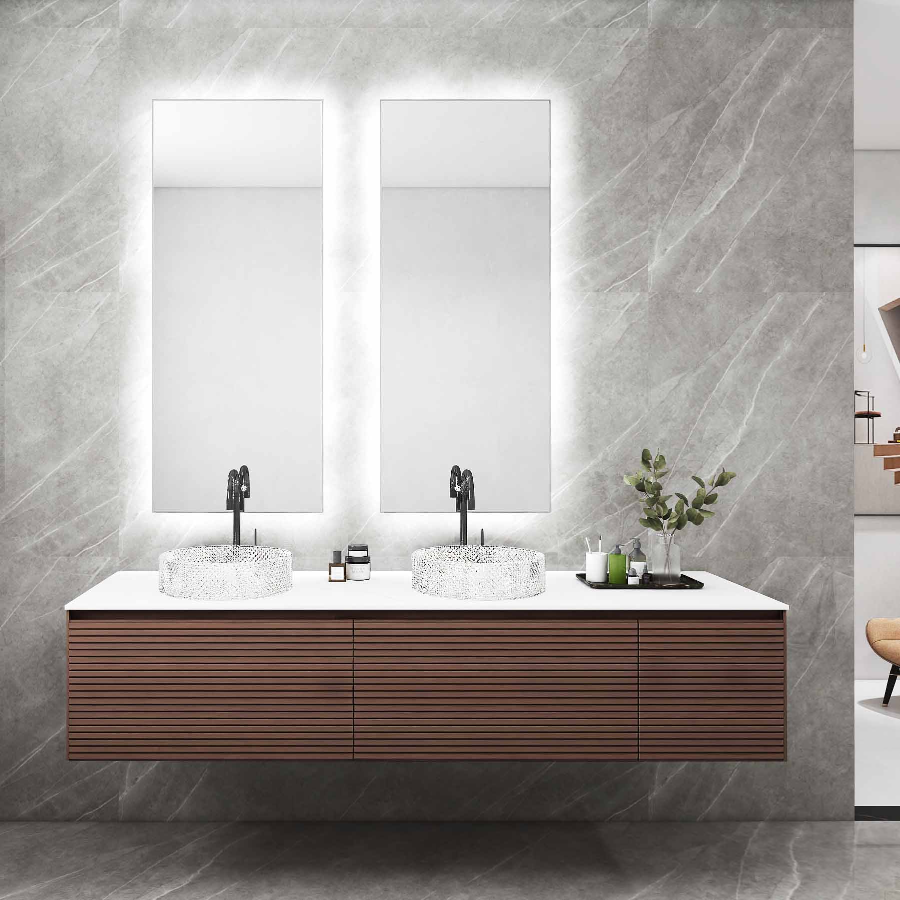 Floating bathroom vanity with natural wood-tone KRD lacquer finish and double glass basins