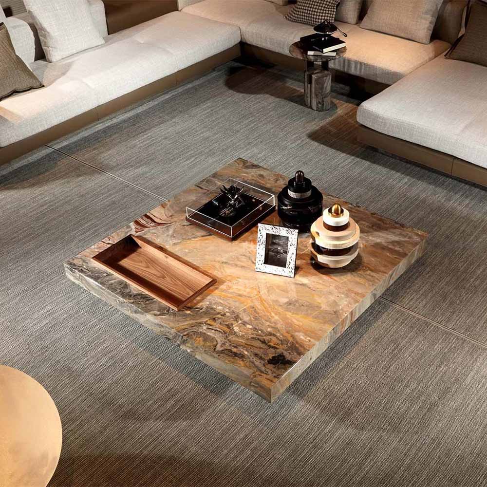 Luxury Villa Living Room Featuring Italian Minimalist Marble Floating Coffee Table with Wood Tray