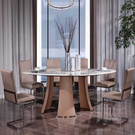 Luxury hotel dining room with elegant leather chairs and accented decor