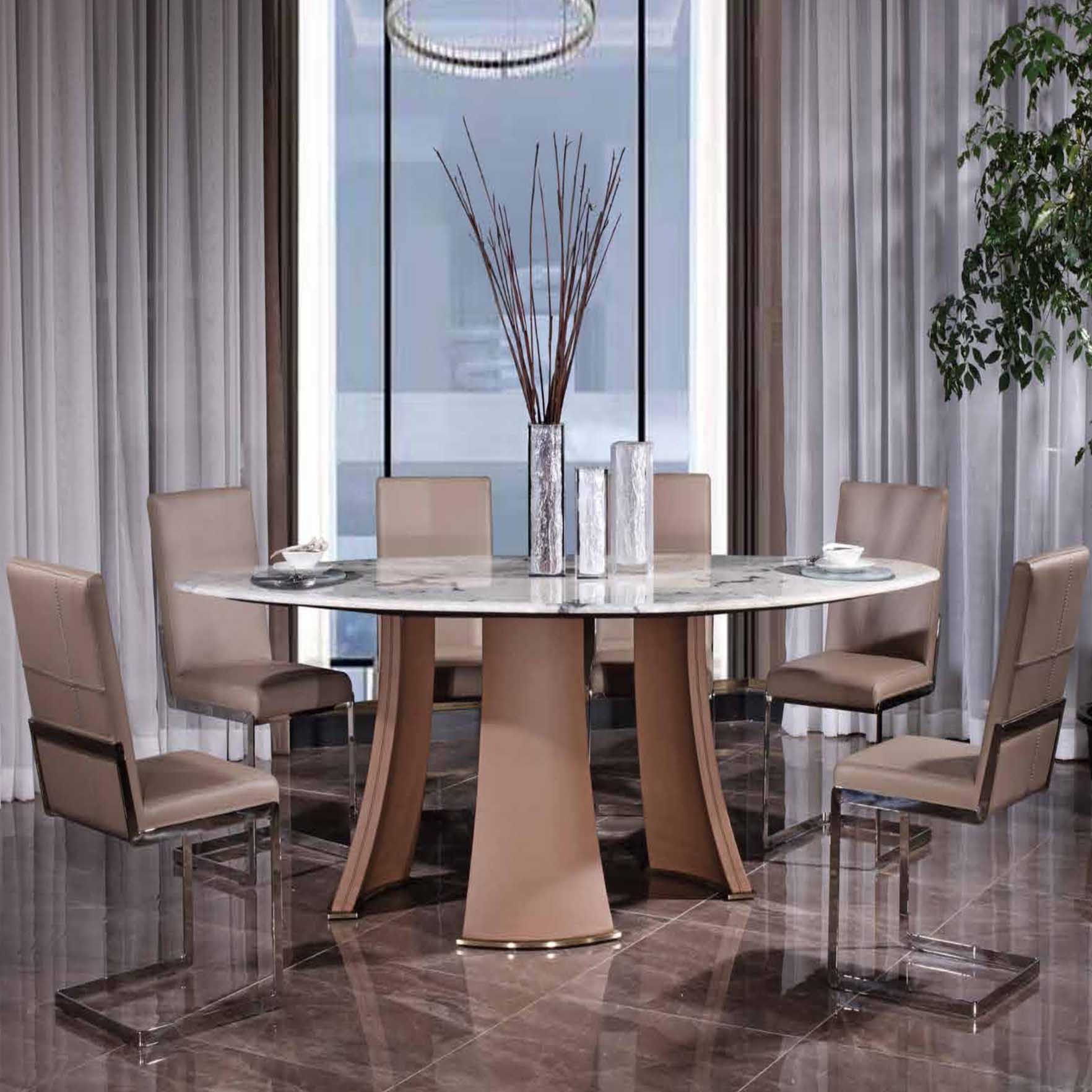 Luxury hotel dining room with elegant leather chairs and accented decor