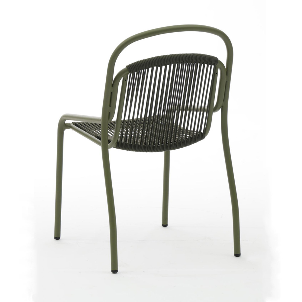 Natural rope woven patio chair with curved backrest, back angle