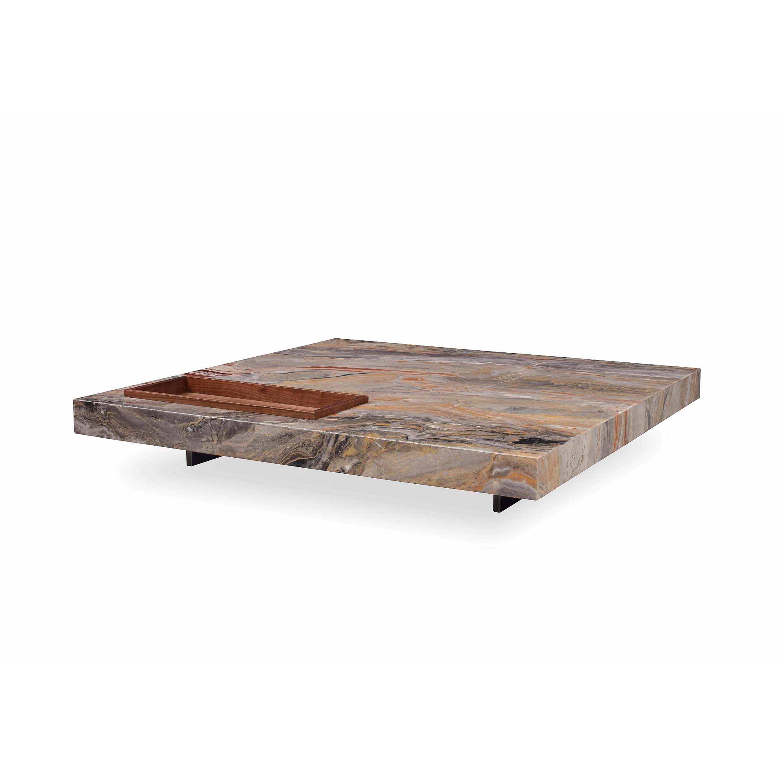 Side Angle of Italian Square Marble Coffee Table with Hidden Stainless Steel Legs and Wooden Tray – White Background
