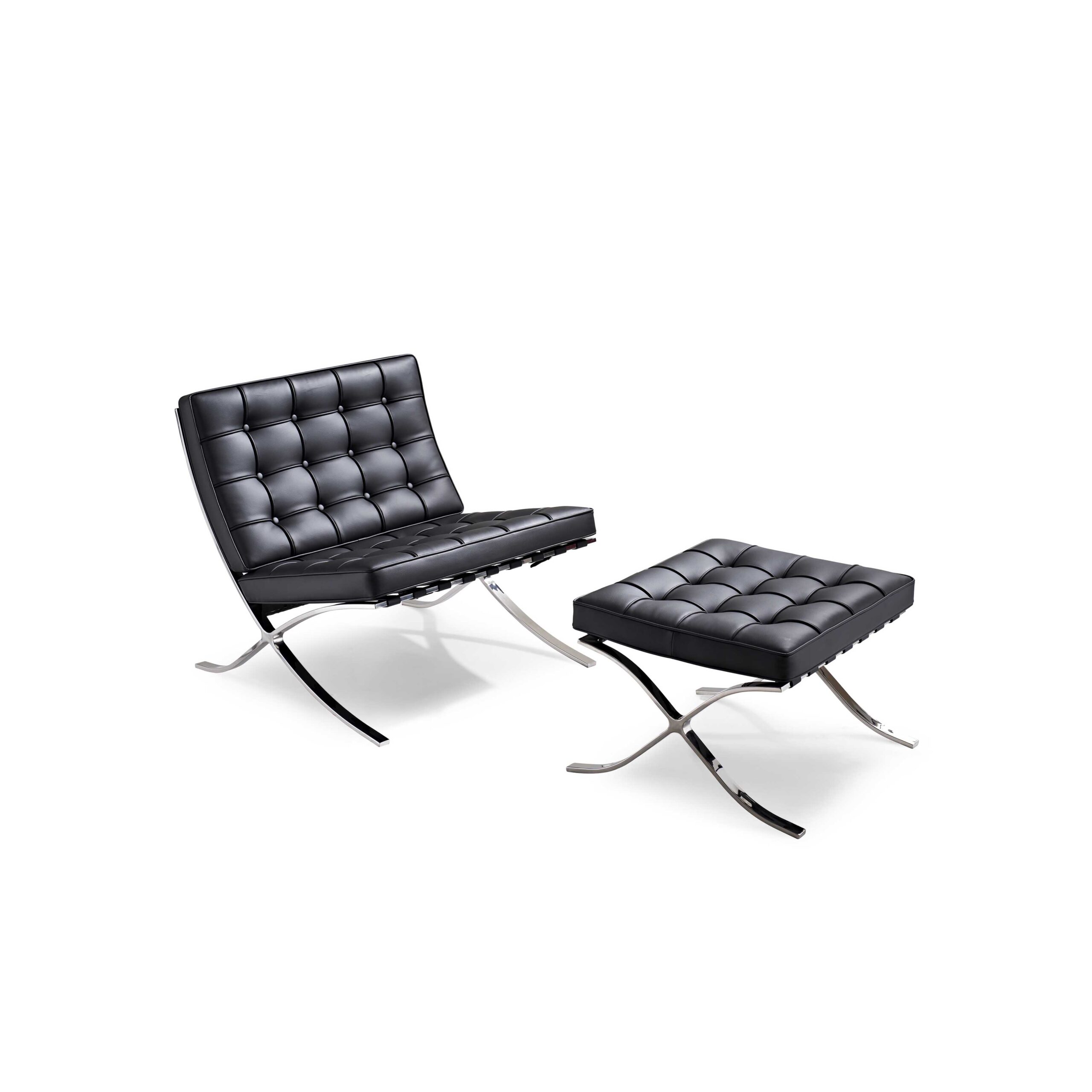 Side view of Italian Barcelona Chair and Ottoman set on white background – stainless steel frame and leather upholstery