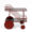 Side view of red serving trolley with multi-level shelves and bold red wheels
