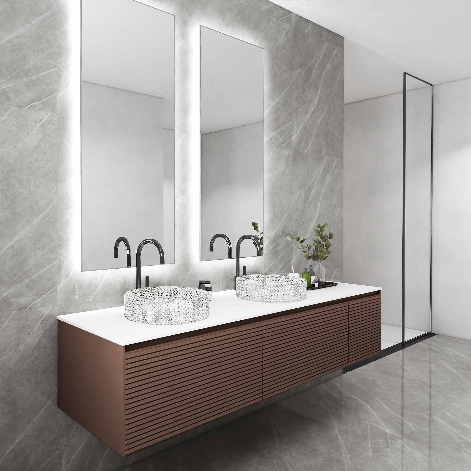 Wall-mounted MDF bathroom cabinet with KRD lacquer coating and dual mirrors