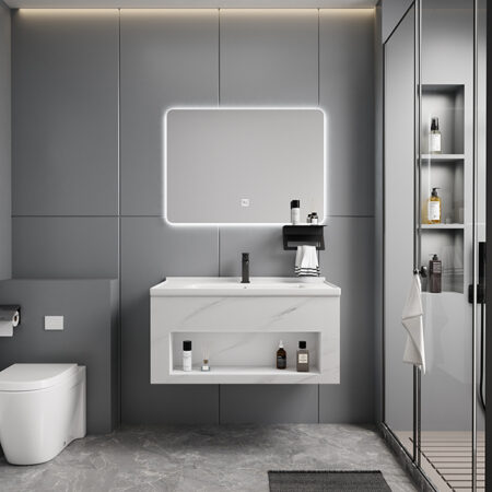 Modern minimalist bathroom cabinet with LED mirror, gray wall background and toilet setup