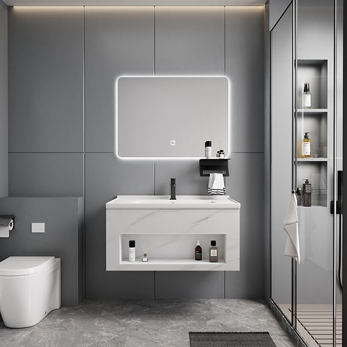 Modern minimalist bathroom cabinet with LED mirror, gray wall background and toilet setup