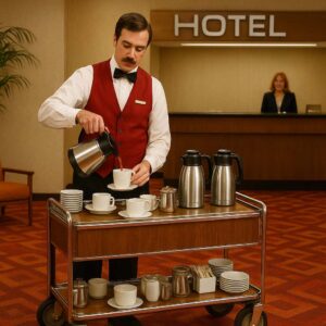 American Hotel Lobby com garçom servindo café de um carrinho de café móvel retro e estação de bar.