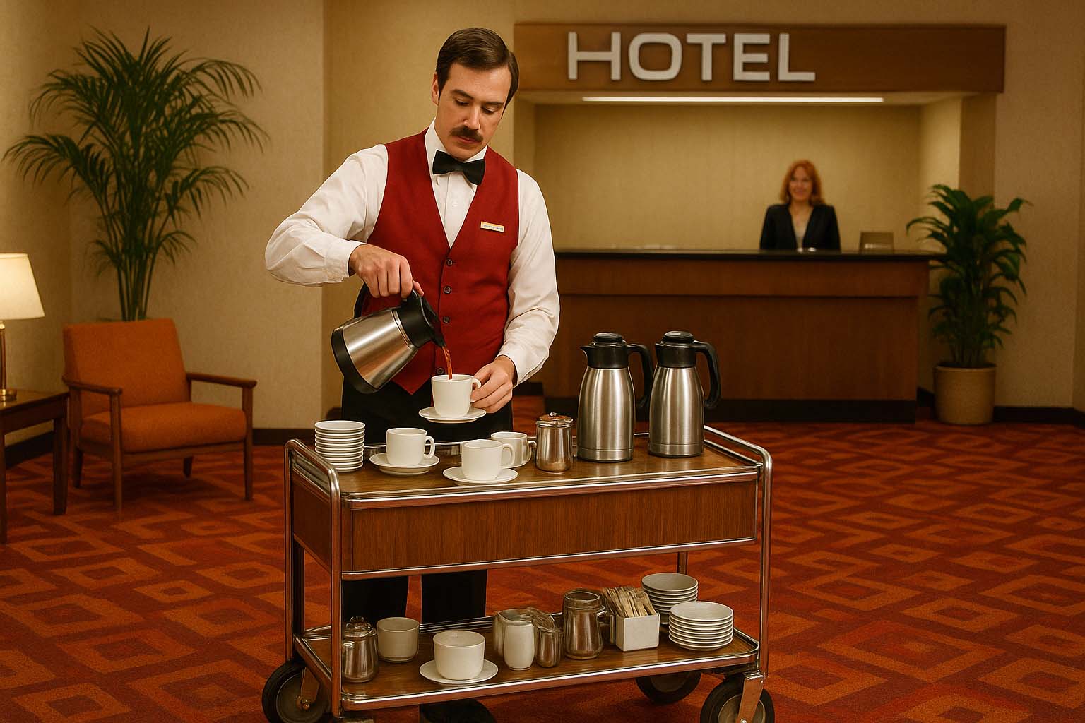 American Hotel Hall con cameriere che serve caffè da un carrello e bar del caffè mobile retrò.