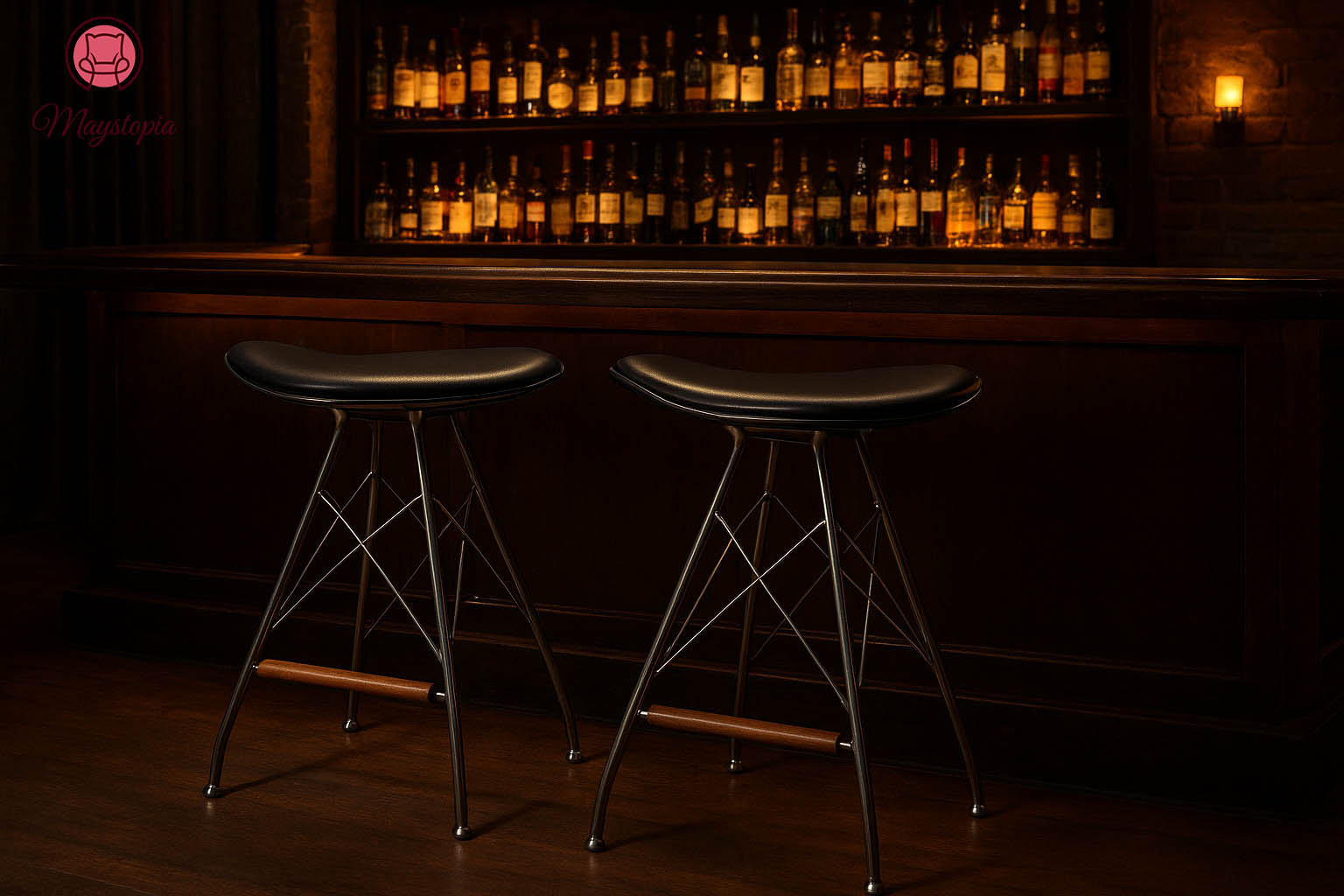 Black upholstered bar stool in stainless steel in bar