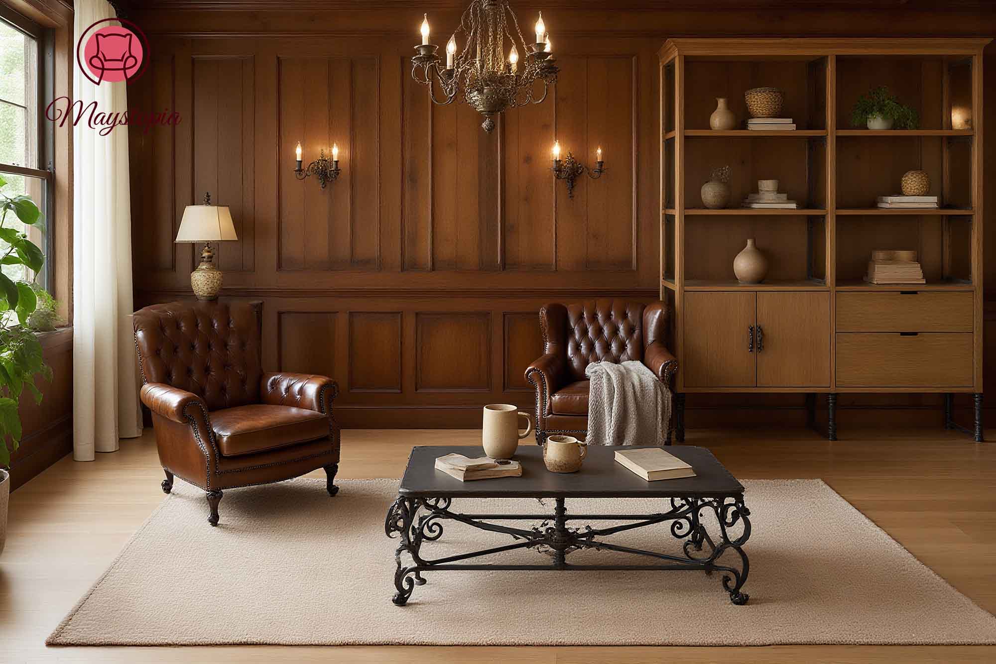 Eksempler på specialmøbler inklusive sofaer, sofaborde, skabe, og indretningsartikler.-Retro stil.