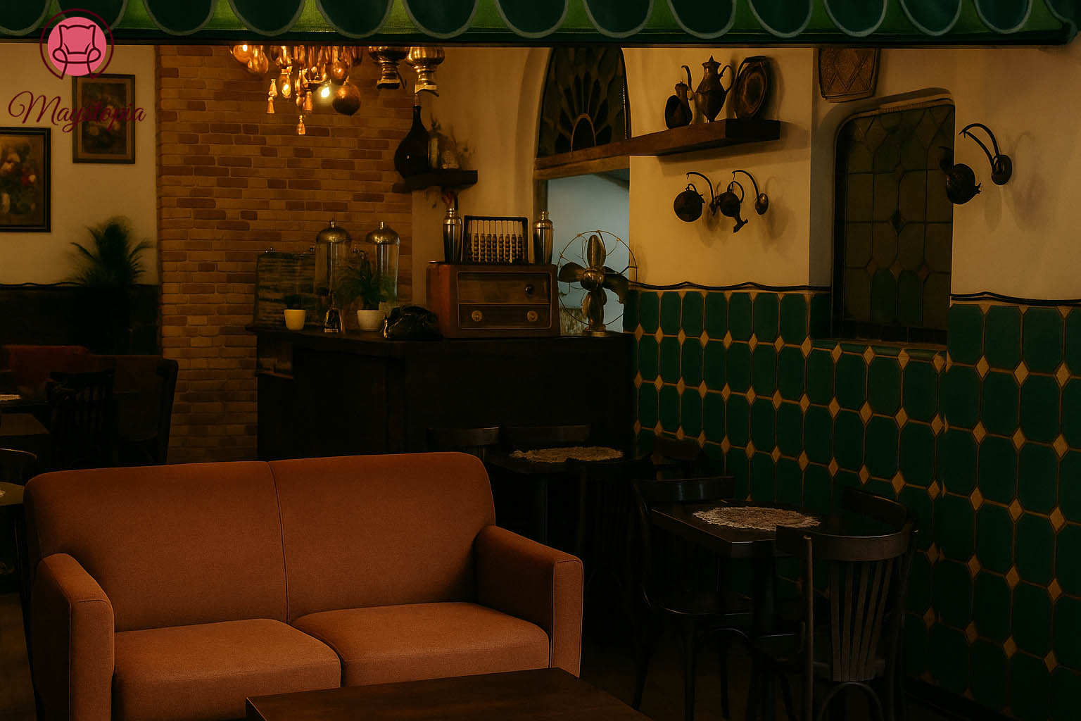 Divani in tessuto Maillard nel ristorante moderno di design vintage