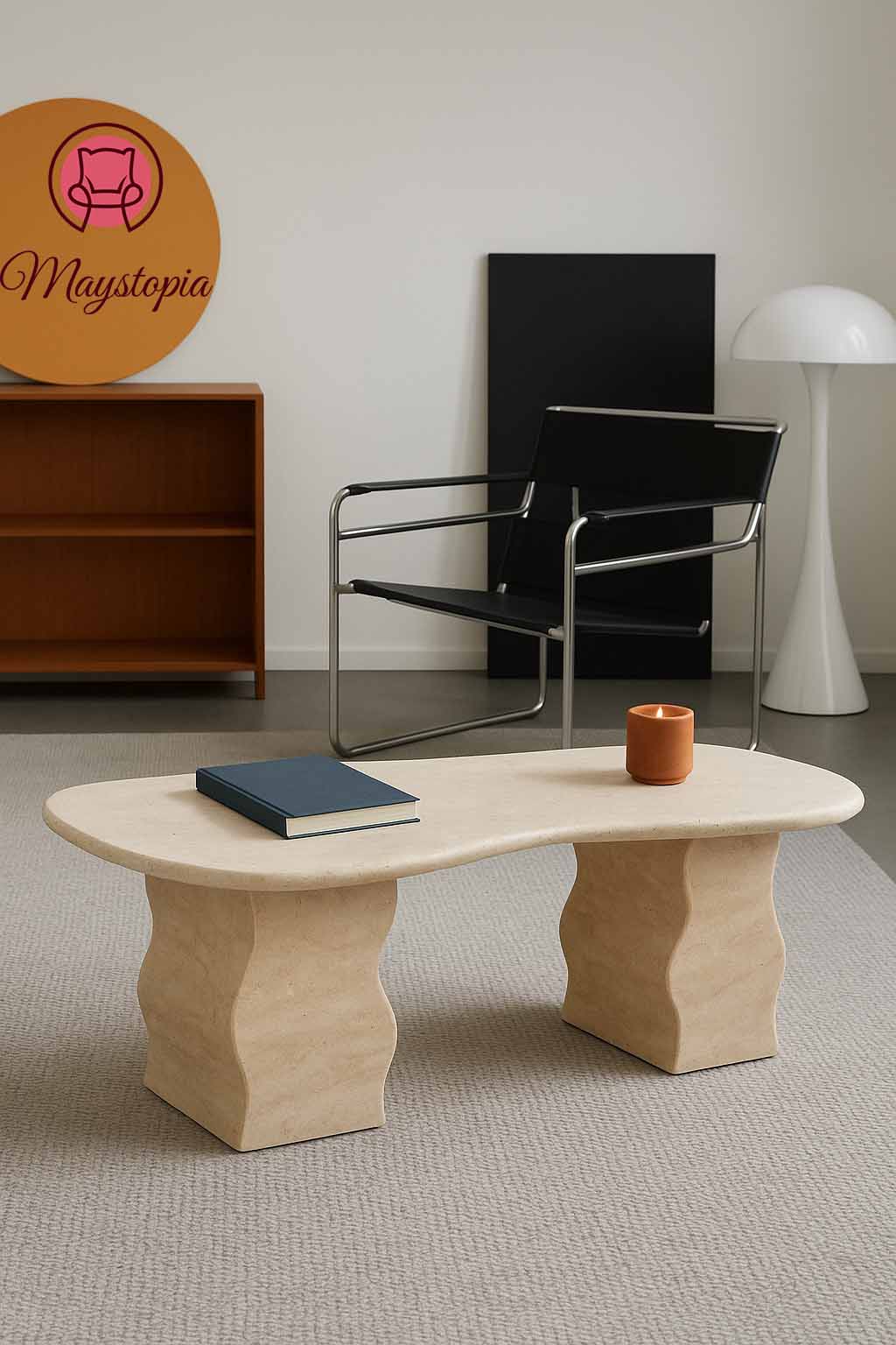 Hvitt travertin salongbord i naturlig stil i bolig