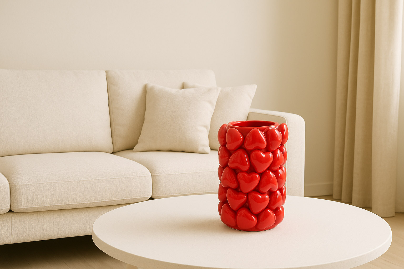 Red heart vase in beige living room