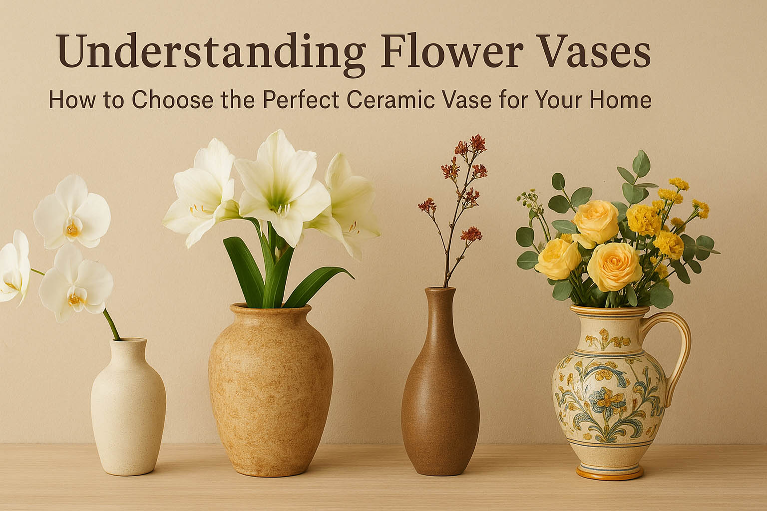 The artistic arrangement of flowers, plants and large Chinese ceramic floor vases.