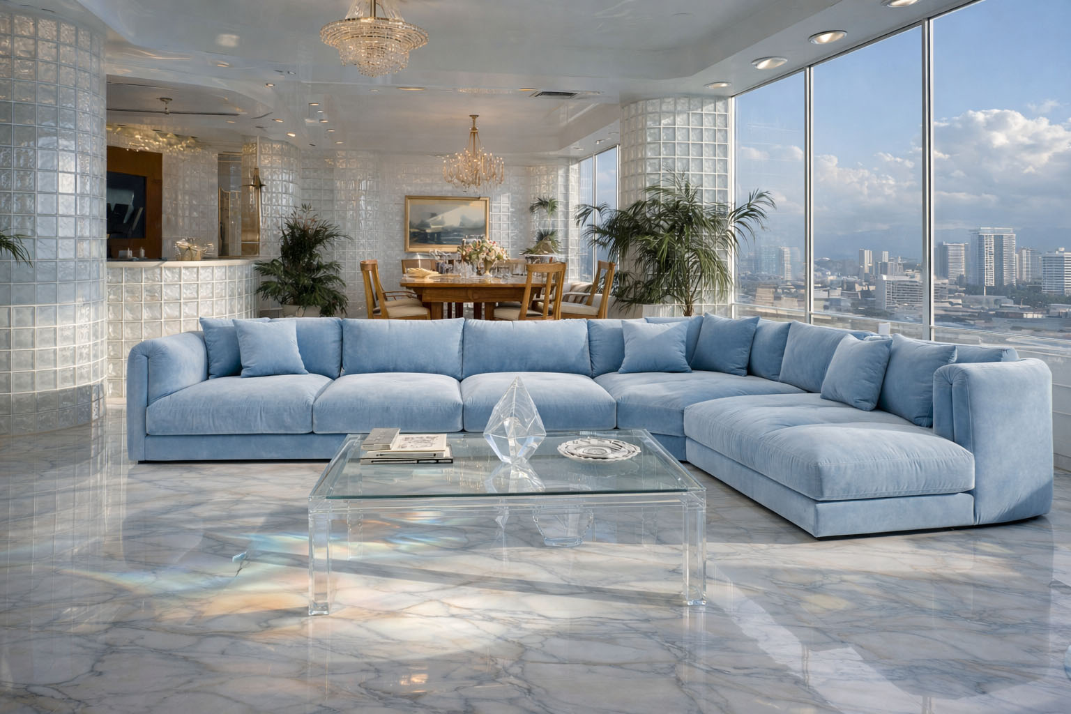 Retro Baby Blue Modular Sectionals livingroom decorating.