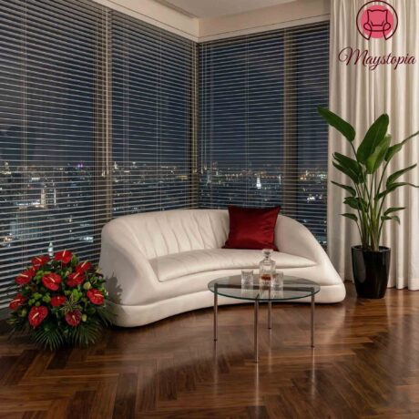 Sculptural White Leather Wavy Sofa in retro hotel interior