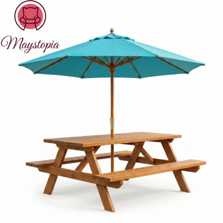 Outdoor teak dining table and chairs with sunshade umbrella
